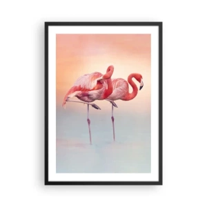 Poster în ramă neagră - Flamingo pe fundalul unui apus de soare pastelat - 50x70cm - În culoarea soarelui care apune - Decorațiune modernă pentru perete pentru living și dormitor ARTTOR