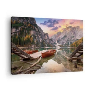 Tablou pe pânză Canvas - Lac de munte cu bărci la apus - 70x50cm - Promisiunea zilei - Decorațiune modernă pentru perete pentru living și dormitor ARTTOR