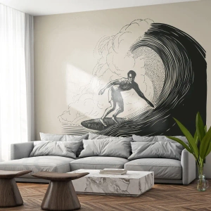 Tapet Standard Eco - Un surfer călare pe un val într-o grafică stilizată neagră și crem - 100x70cm - Regele valului - Decorațiune modernă pentru perete pentru living și dormitor ARTTOR
