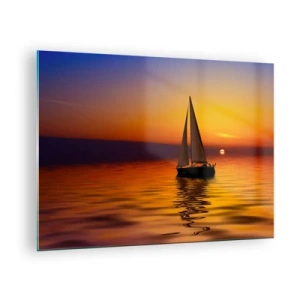 Tablou pe sticlă - O barcă cu pânze pe apă la apus - 70x50cm - Ce liniște e aici la amurg... - Decorațiune modernă pentru perete pentru living și dormitor ARTTOR