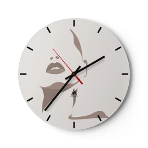 Ceas de perete - Ceas pe sticlă - Un portret minimalist al unei femei în nuanțe de bej. - 30x30cm - Creată din lumină și umbră - Decorațiune modernă pentru perete pentru living, bucătărie și dormitor ARTTOR