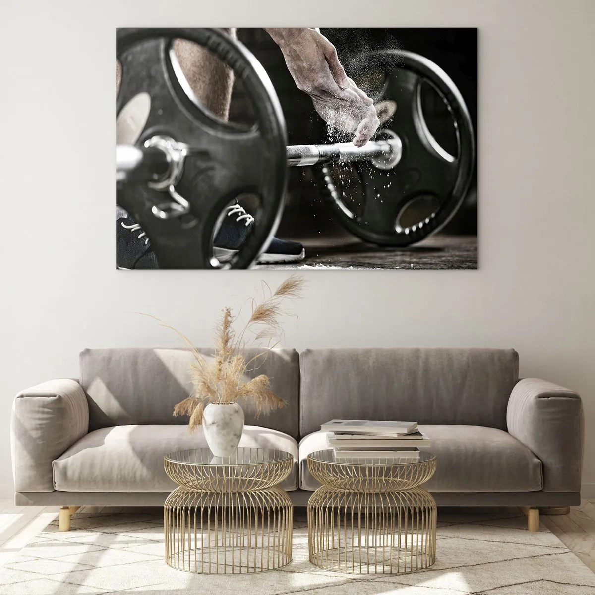 Tablou pe sticlă - Ridicare de greutăți cu cretă pe mâini și o halteră - 70x50cm - Provocare acceptată! - Decorațiune modernă pentru perete pentru living și dormitor ARTTOR