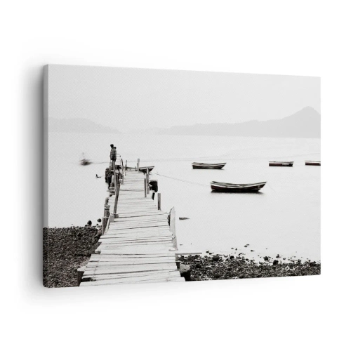 Tablou pe pânză Canvas - dig de lemn și bărci pe ape calme - 70x50cm - Peste apă liniștită și limpede - Decorațiune modernă pentru perete pentru living și dormitor ARTTOR