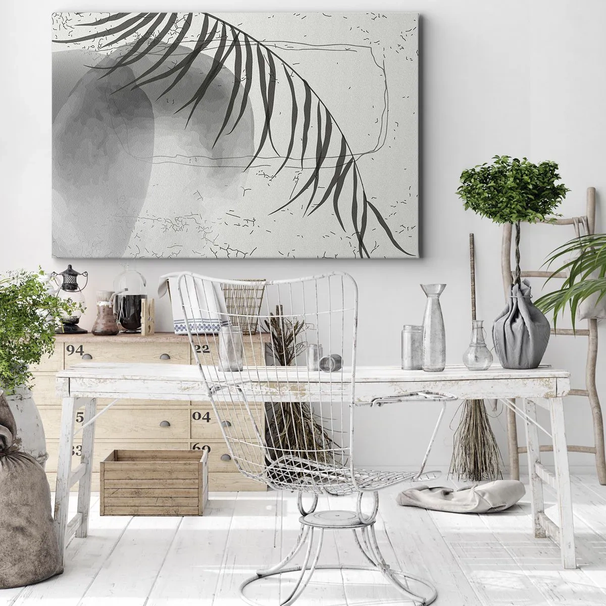 Tablou pe pânză Canvas - Un motiv delicat cu frunze de palmier pe un fundal deschis, în stil scandinav. - 70x50cm - Exotismul subtil al naturii - Decorațiune modernă pentru perete pentru living și dormitor ARTTOR