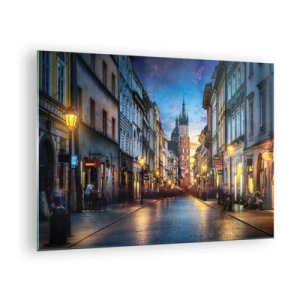 Tablou pe sticlă - Vedere de seară a orașului vechi cu biserica în fundal - 70x50cm - Farmecul Cracoviei - Decorațiune modernă pentru perete pentru living și dormitor ARTTOR