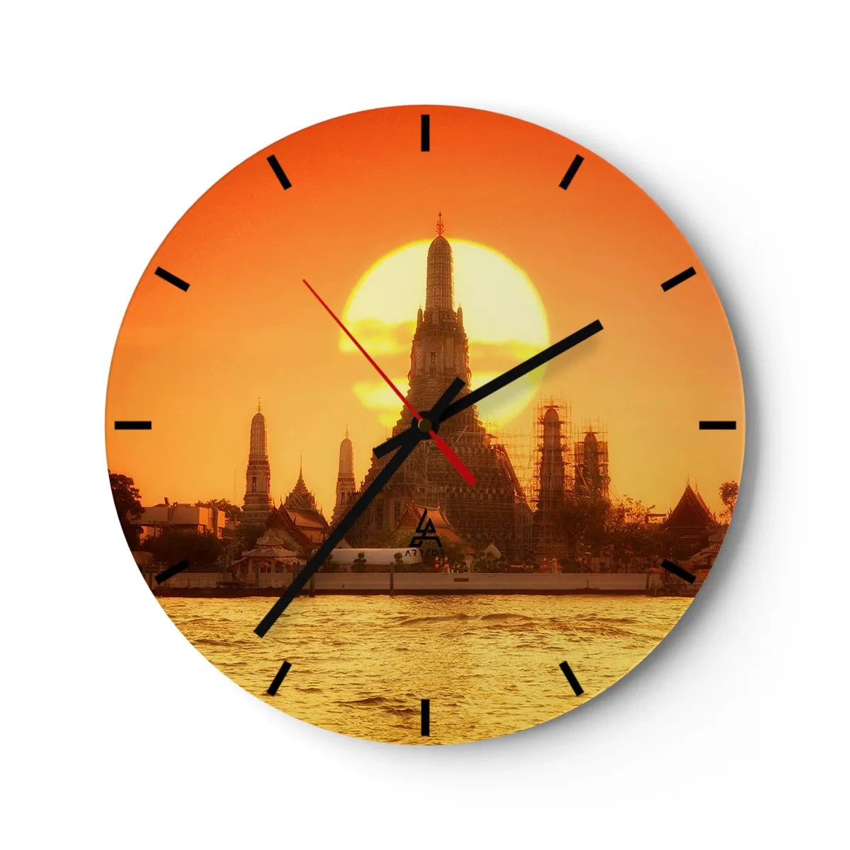Ceas de perete - Ceas pe sticlă - Templul în lumina soarelui care apune peste apă - 30x30cm - Spre soare, mereu spre soare - Decorațiune modernă pentru perete pentru living, bucătărie și dormitor ARTTOR