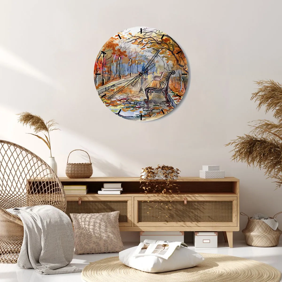Ceas de perete - Ceas pe sticlă - Parc de toamnă cu o bancă în stil acuarelă - 30x30cm - Pășim împreună în toamnă - Decorațiune modernă pentru perete pentru living, bucătărie și dormitor ARTTOR