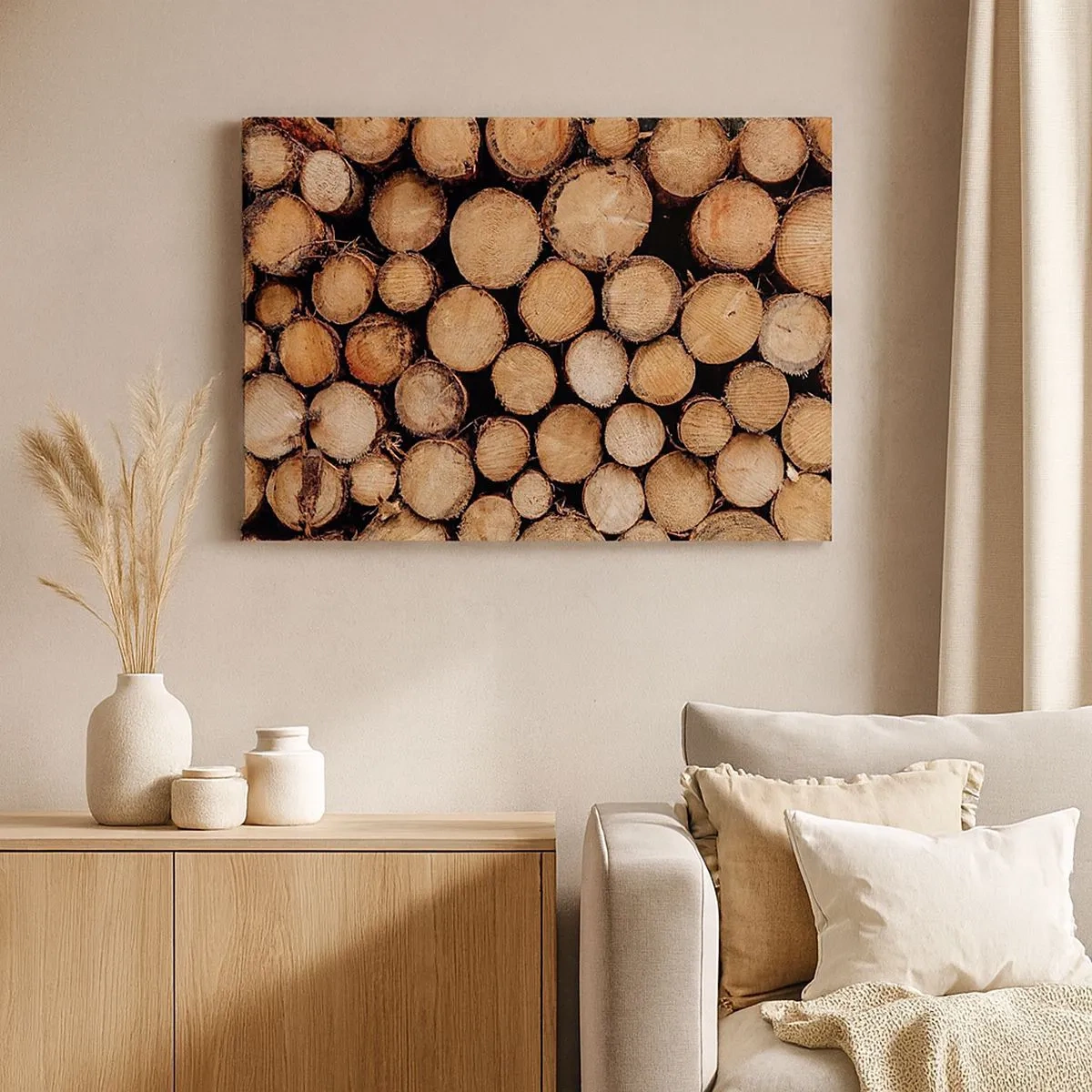 Tablou pe pânză Canvas - Grămezi de trunchiuri de copaci doborâți, aranjate în armonie - 70x50cm - Un nou început - Decorațiune modernă pentru perete pentru living și dormitor ARTTOR