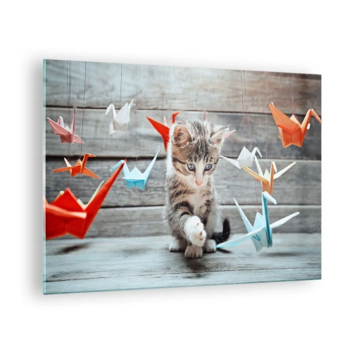 Tablou pe sticlă - O pisică se joacă cu cocori origami colorați - 70x50cm - Prima lecție - Decorațiune modernă pentru perete pentru living și dormitor ARTTOR