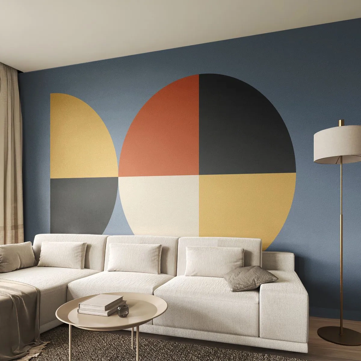 Tapet Standard Eco - Forme geometrice în culori contrastante pe un fundal albastru - 100x70cm - Uită-te și numără - Decorațiune modernă pentru perete pentru living și dormitor ARTTOR