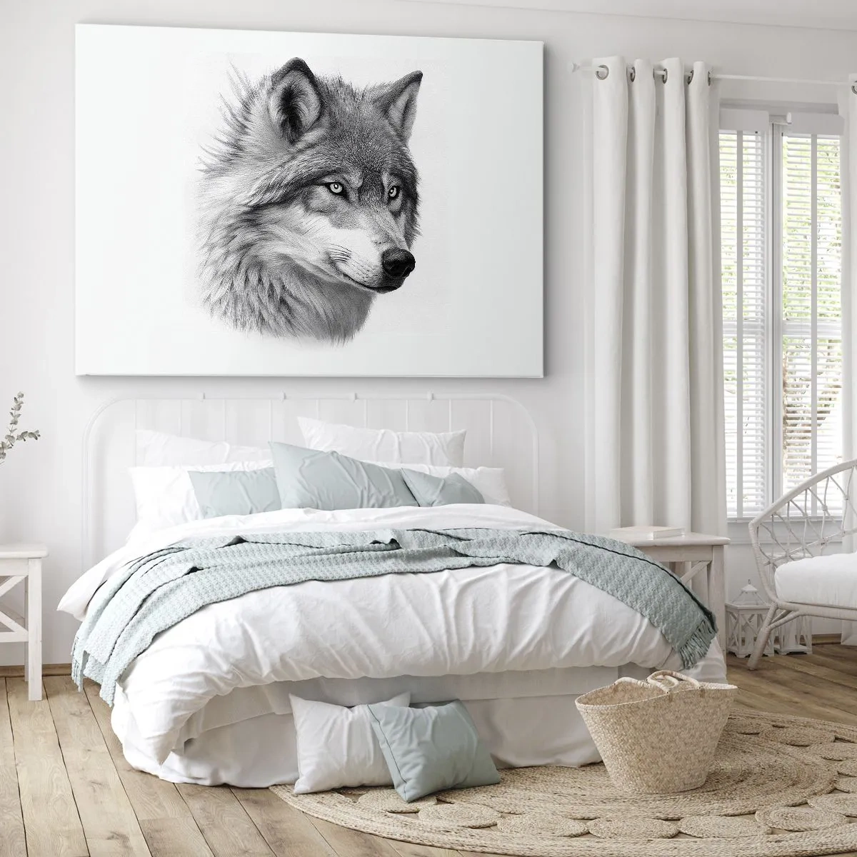 Tablou pe pânză Canvas - Un portret realist al unui lup în nuanțe de gri. - 70x50cm - Alfa - fără îndoială - Decorațiune modernă pentru perete pentru living și dormitor ARTTOR