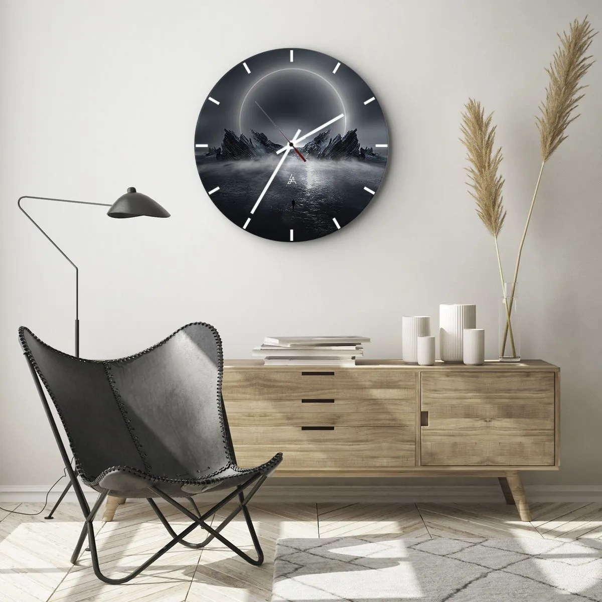 Ceas de perete - Ceas pe sticlă - Peisaj futurist cu eclipsă și roci ascuțite - 30x30cm - Final de poveste - Decorațiune modernă pentru perete pentru living, bucătărie și dormitor ARTTOR