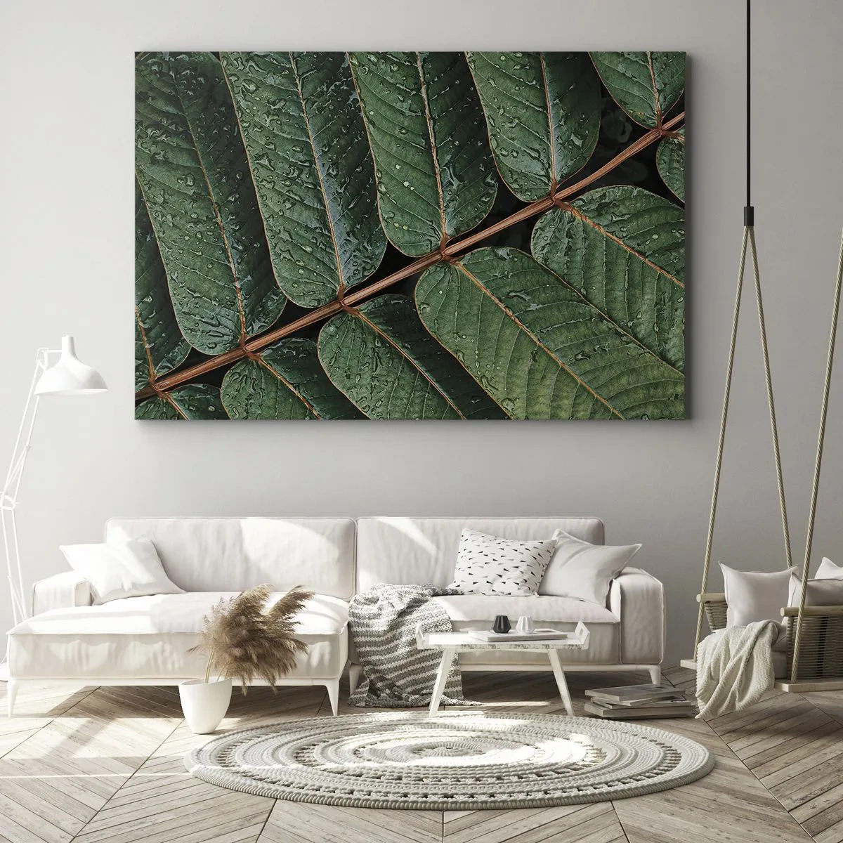 Tablou pe pânză Canvas - Fotografie macro cu frunze verzi cu picături de rouă - 70x50cm - Într-un ritm verde - Decorațiune modernă pentru perete pentru living și dormitor ARTTOR