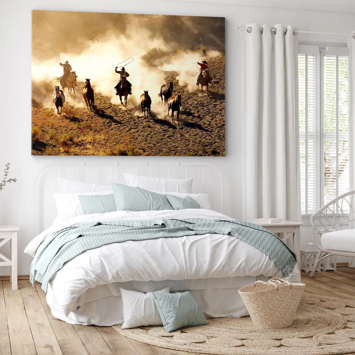 Tablou pe pânză Canvas - Cowboy călare în acțiune pe terenul deșertic - 70x50cm - Un vest cu adevărat sălbatic - Decorațiune modernă pentru perete pentru living și dormitor ARTTOR