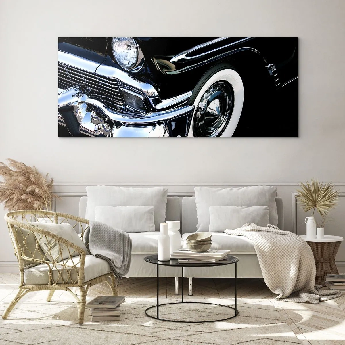 Tablou pe sticlă - Clasicul în argintiu, negru și alb - 90x30 cm