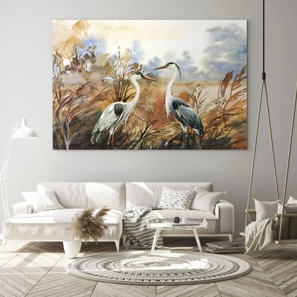 Tablou pe sticlă - Două cocori într-un peisaj de toamnă pictate în acuarelă - 70x50cm - Încotro în toamnă? - Decorațiune modernă pentru perete pentru living și dormitor ARTTOR