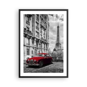 Poster în ramă neagră - O mașină roșie cu Turnul Eiffel în fundal - 50x70cm - Prădător în oraș - Decorațiune modernă pentru perete pentru living și dormitor ARTTOR