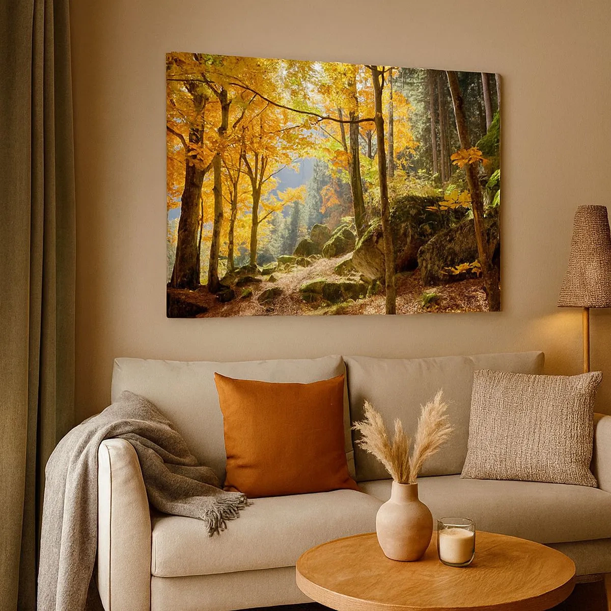 Tablou pe pânză Canvas - pădure de toamnă plină de frunze aurii și soare - 70x50cm - Timp de relaxare - Decorațiune modernă pentru perete pentru living și dormitor ARTTOR