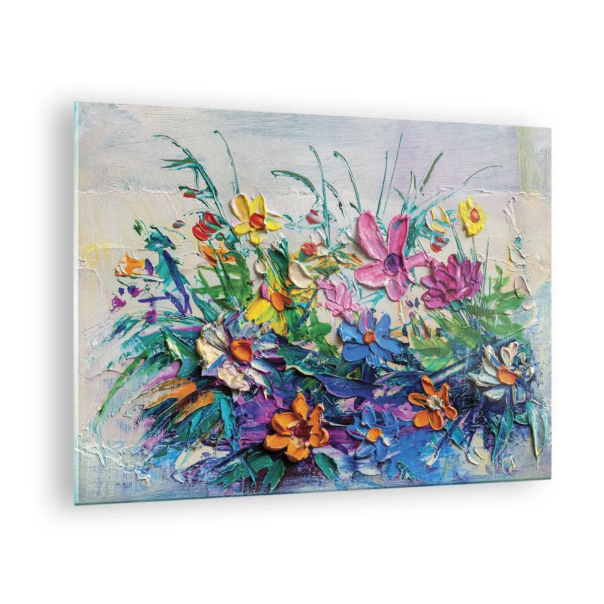 Tablou pe sticlă - Un aranjament floral colorat într-un stil pictural - 70x50cm - Nu este deloc o natură moartă - Decorațiune modernă pentru perete pentru living și dormitor ARTTOR