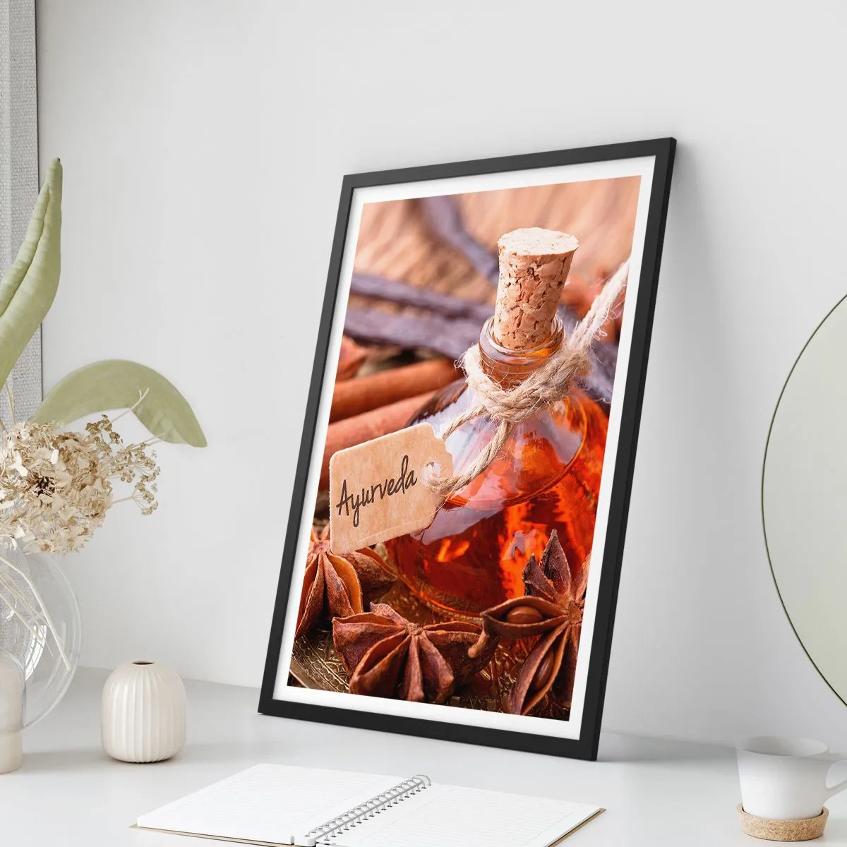 Poster în ramă neagră - O sticlă de ulei ayurvedic și condimente - 50x70cm - Unitatea trupului și a spiritului - Decorațiune modernă pentru perete pentru living și dormitor ARTTOR