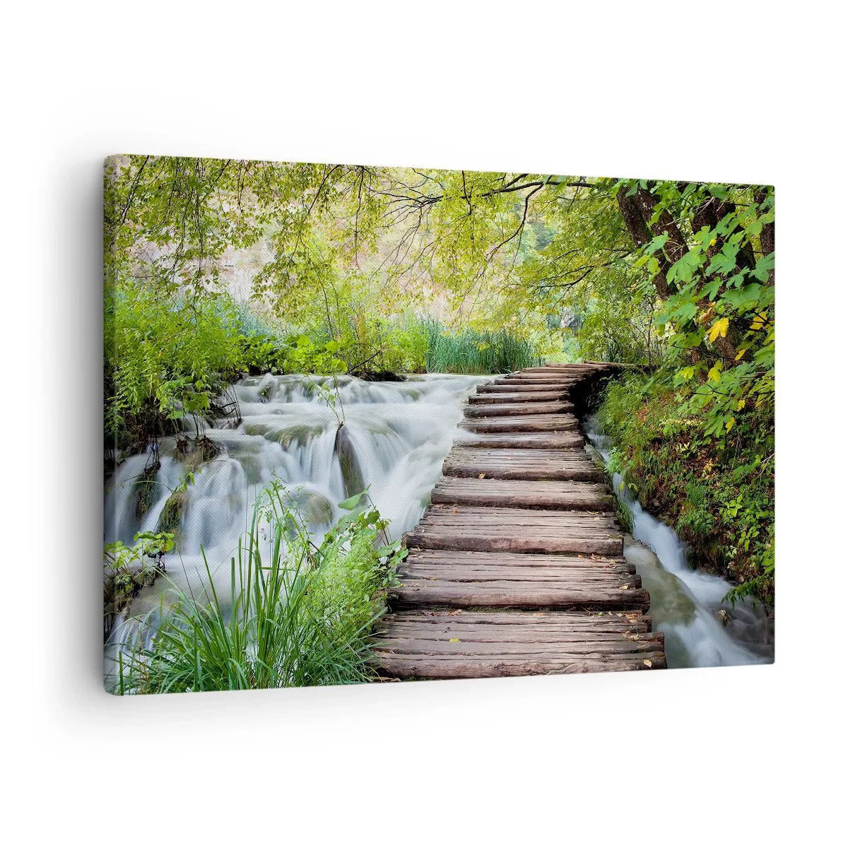 Tablou pe pânză Canvas - Un pod de lemn peste o cascadă, înconjurat de o pădure luxuriantă și verde. - 70x50cm - Nu este deloc o apă liniștită - Decorațiune modernă pentru perete pentru living și dormitor ARTTOR