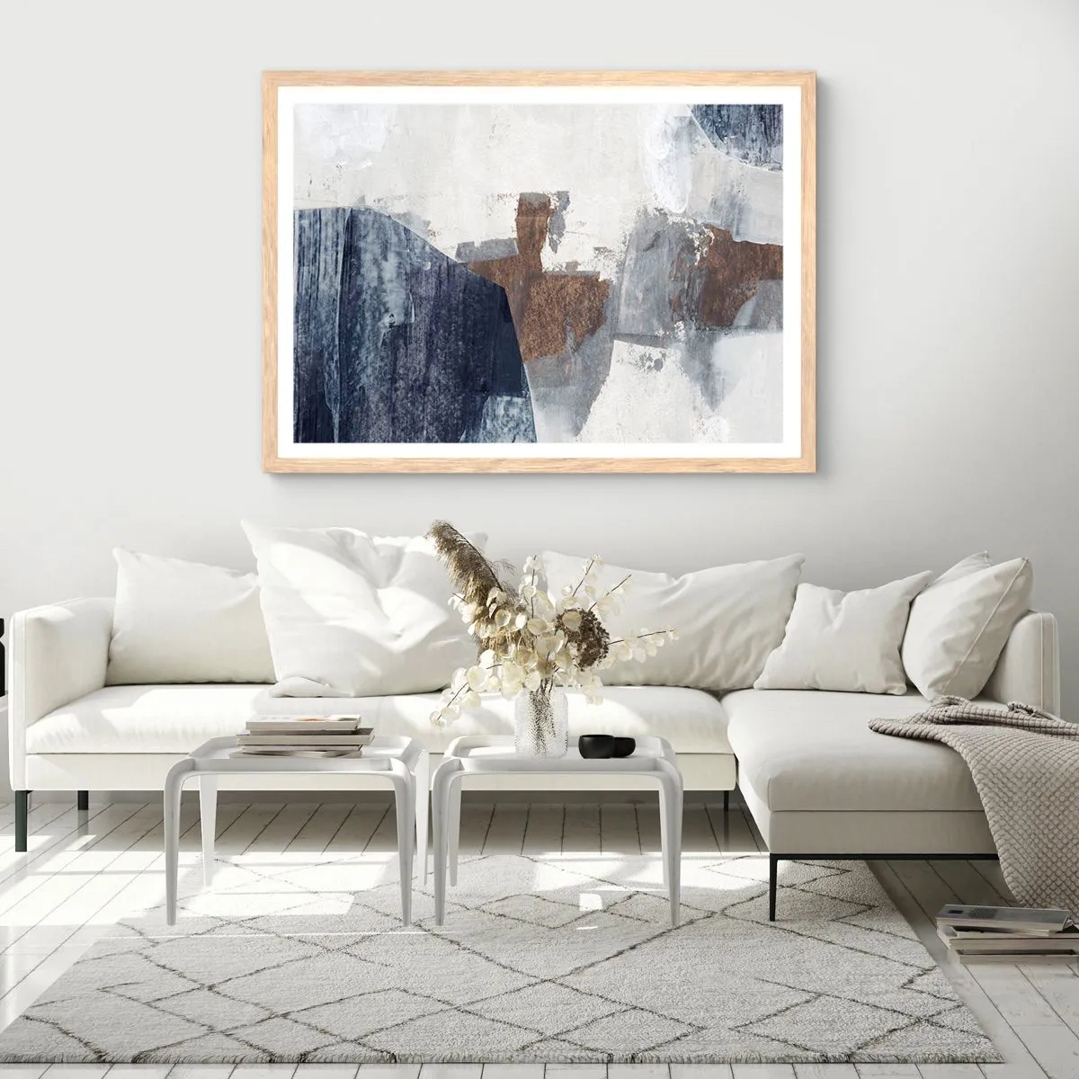 Poster în ramă de stejar deschis - Forme albastre-maronii - 40x30 cm