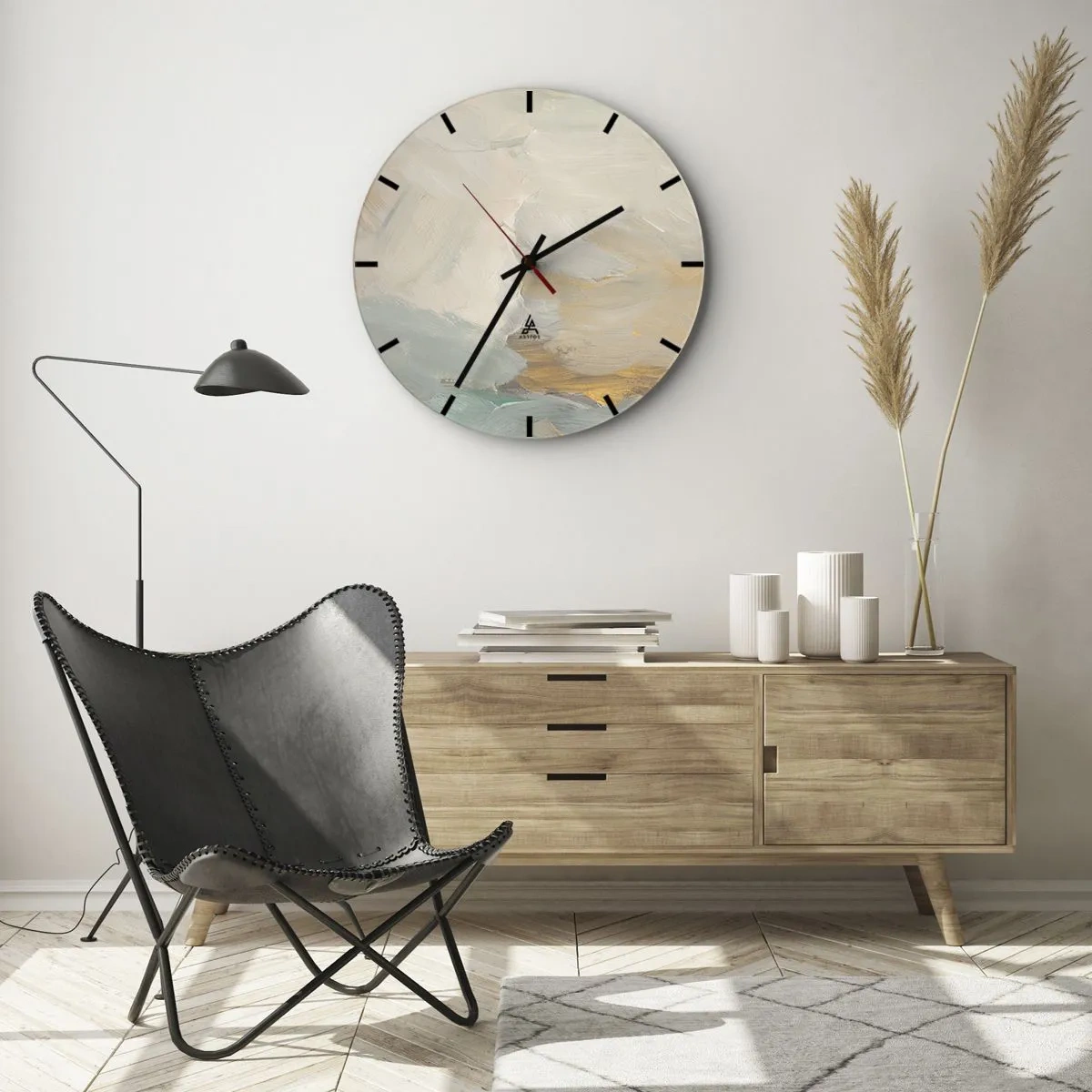 Ceas de perete - Ceas pe sticlă - Tușe delicate de pensulă în bej, albastru și auriu - 30x30cm - Abstracție - lumea blândeții - Decorațiune modernă pentru perete pentru living, bucătărie și dormitor ARTTOR