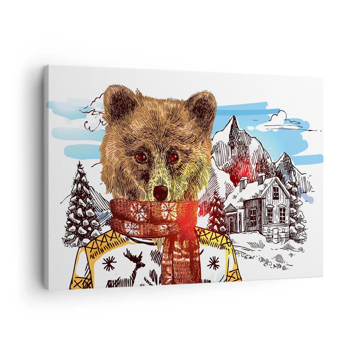 Tablou pe pânză Canvas - Un urs într-un pulover și o eșarfă, cu o casă de munte în fundal - 70x50cm - Coliba ursului - Decorațiune modernă pentru perete pentru living și dormitor ARTTOR