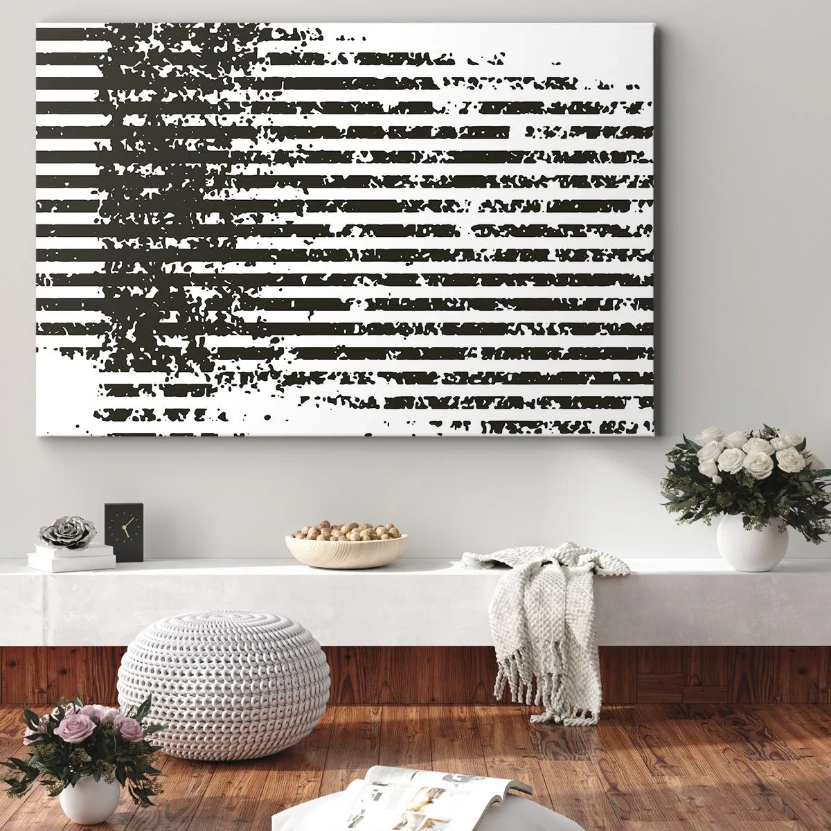 Tablou pe pânză Canvas - Linii abstracte cu efect de distress în alb și negru - 70x50cm - Ritm și zgomot - Decorațiune modernă pentru perete pentru living și dormitor ARTTOR