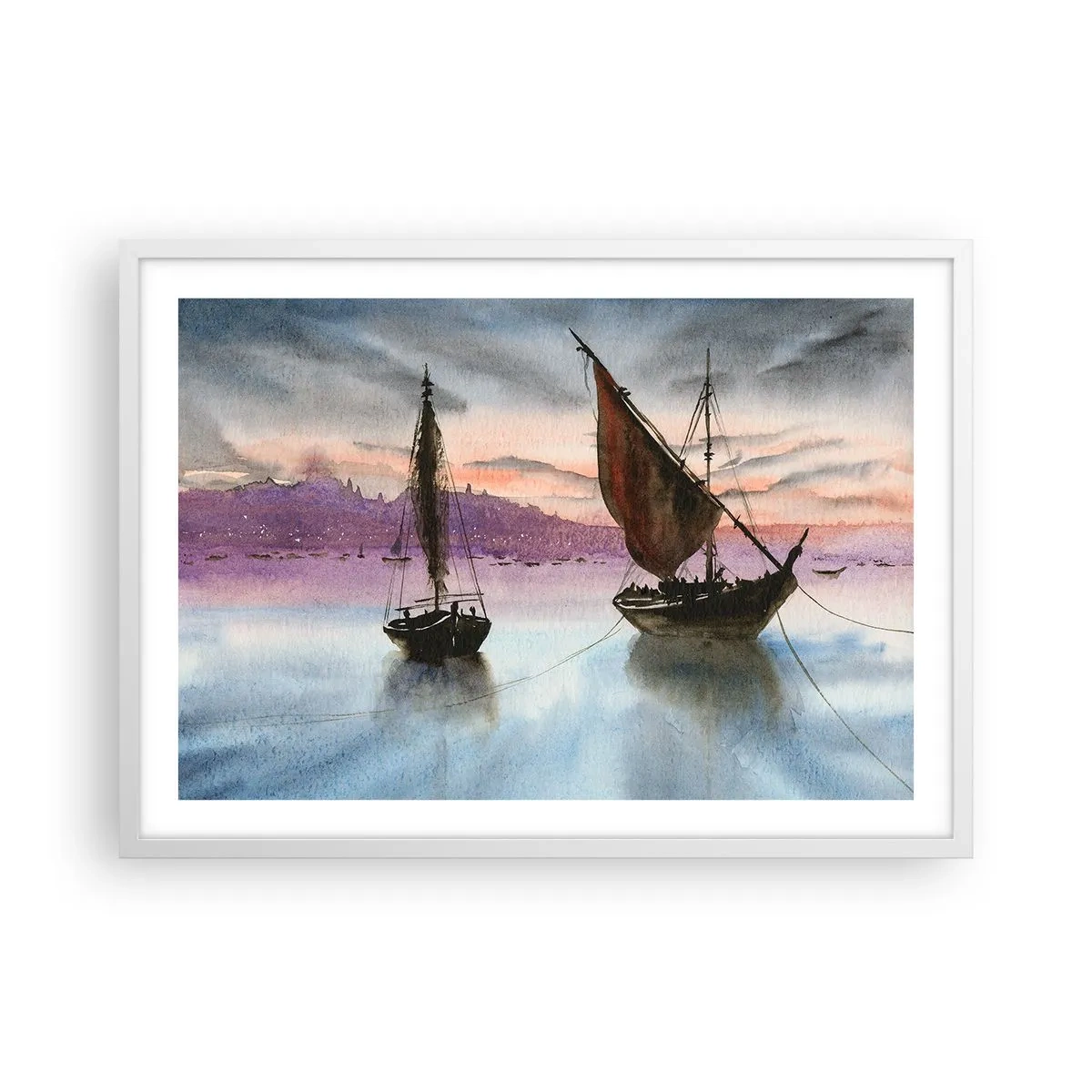 Poster în ramă albă - O seară în port - 70x50 cm