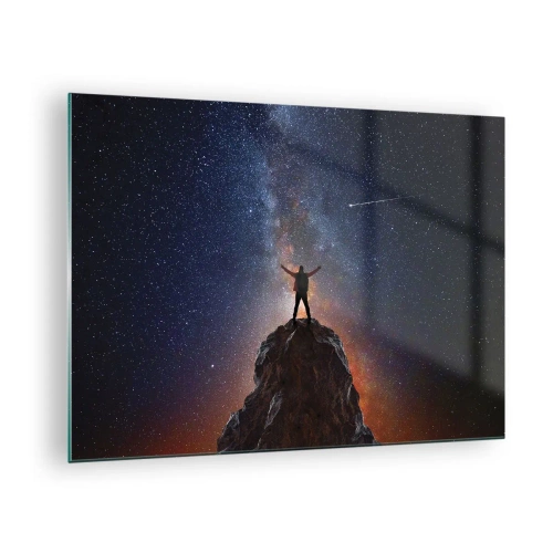 Tablou pe sticlă - Silueta unui bărbat pe vârful unei stânci sub un cer înstelat - 70x50cm - Puterea este cu mine! - Decorațiune modernă pentru perete pentru living și dormitor ARTTOR
