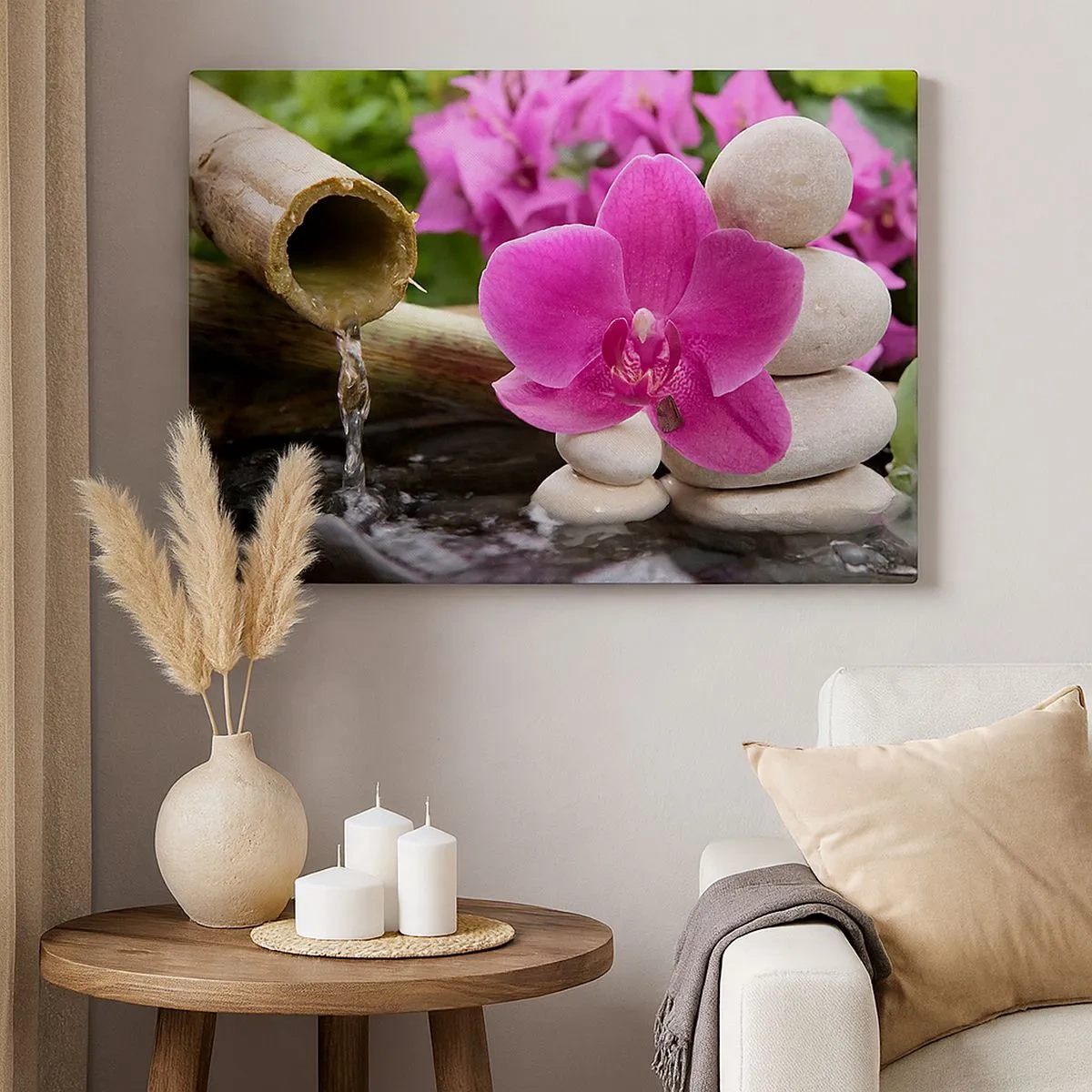 Tablou pe pânză Canvas - Orhidee violetă, pietre și bambus cu apă într-un cadru relaxant - 70x50cm - Te odihnești deja - Decorațiune modernă pentru perete pentru living și dormitor ARTTOR