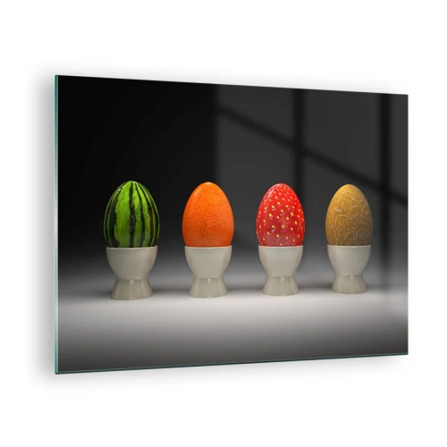 Tablou pe sticlă - Ouă în coji de fructe pe un suport - 70x50cm - Mic dejun cu fructe - Decorațiune modernă pentru perete pentru living și dormitor ARTTOR