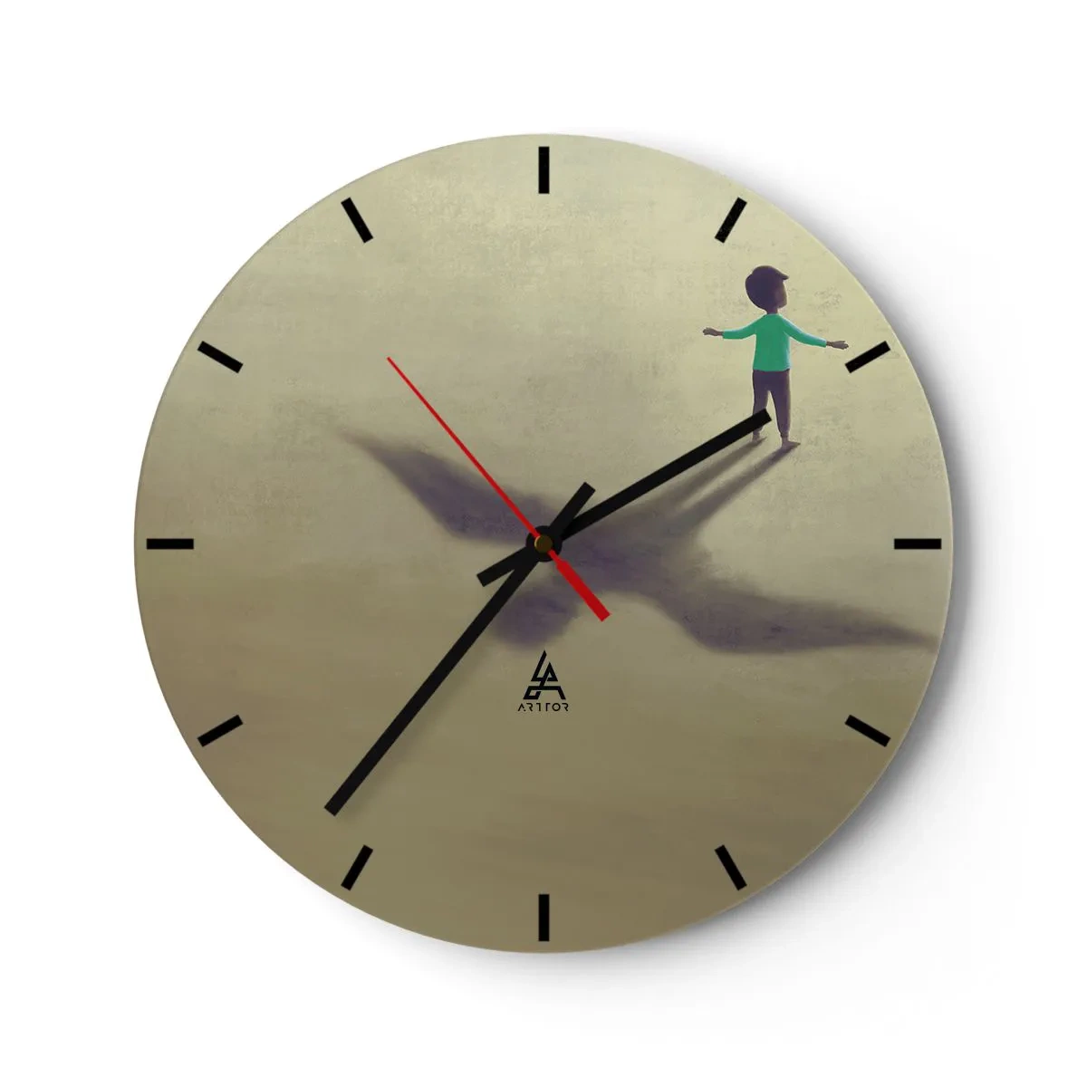 Ceas de perete - Ceas pe sticlă - Un băiat aruncă o umbră înaripată - 30x30cm - Eroul viitorului - Decorațiune modernă pentru perete pentru living, bucătărie și dormitor ARTTOR