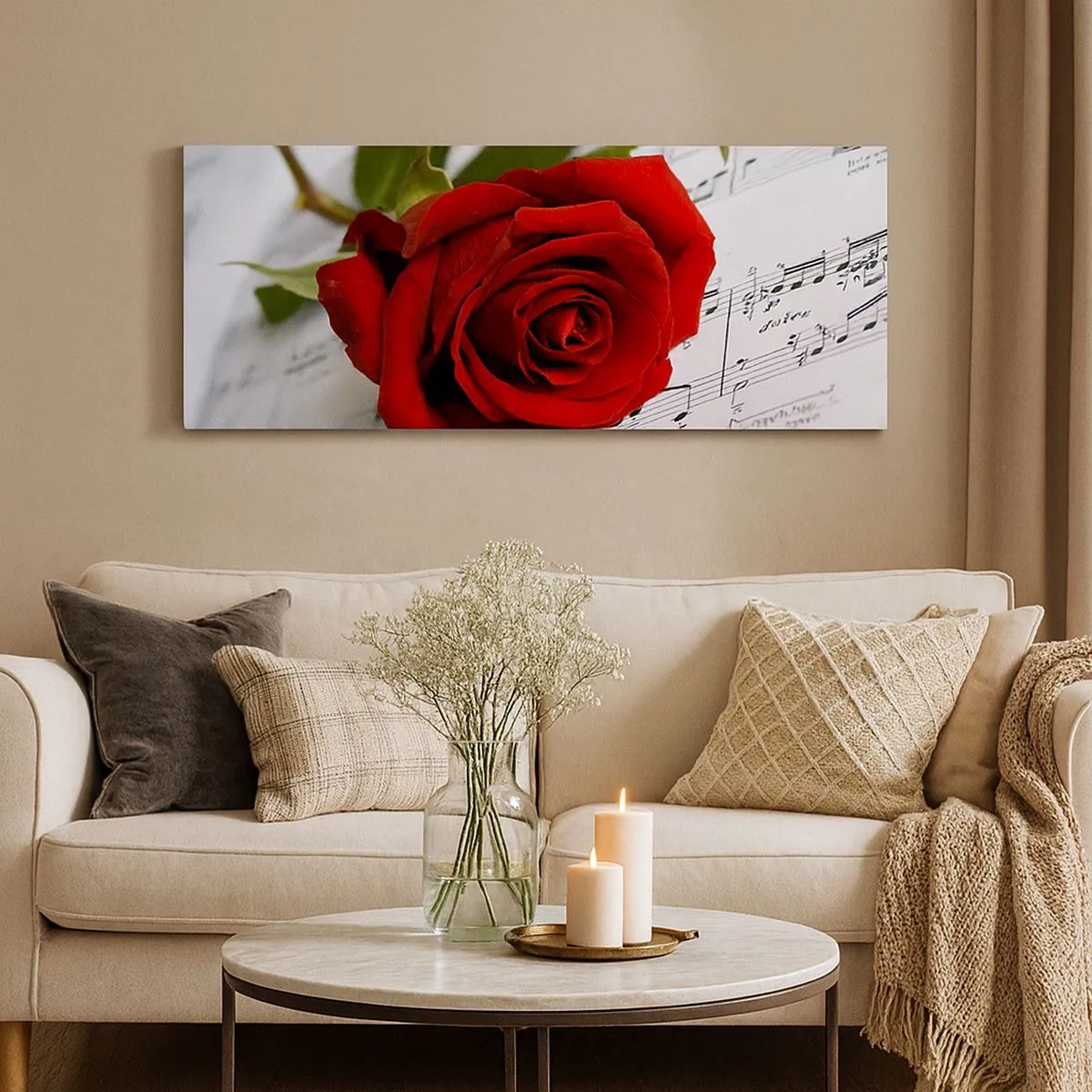 Tablou pe pânză - Muzica sentimentelor în stacojiu - 100x40 cm