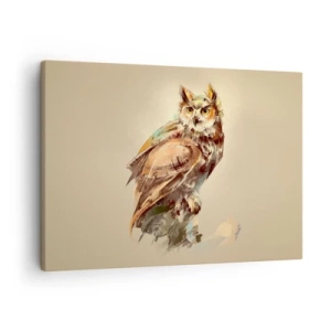Tablou pe pânză Canvas - Portret artistic al unei bufnițe pe un fundal deschis în nuanțe calde. - 70x50cm - Cea mai inteligentă bufniță - confirmă stejarul - Decorațiune modernă pentru perete pentru living și dormitor ARTTOR