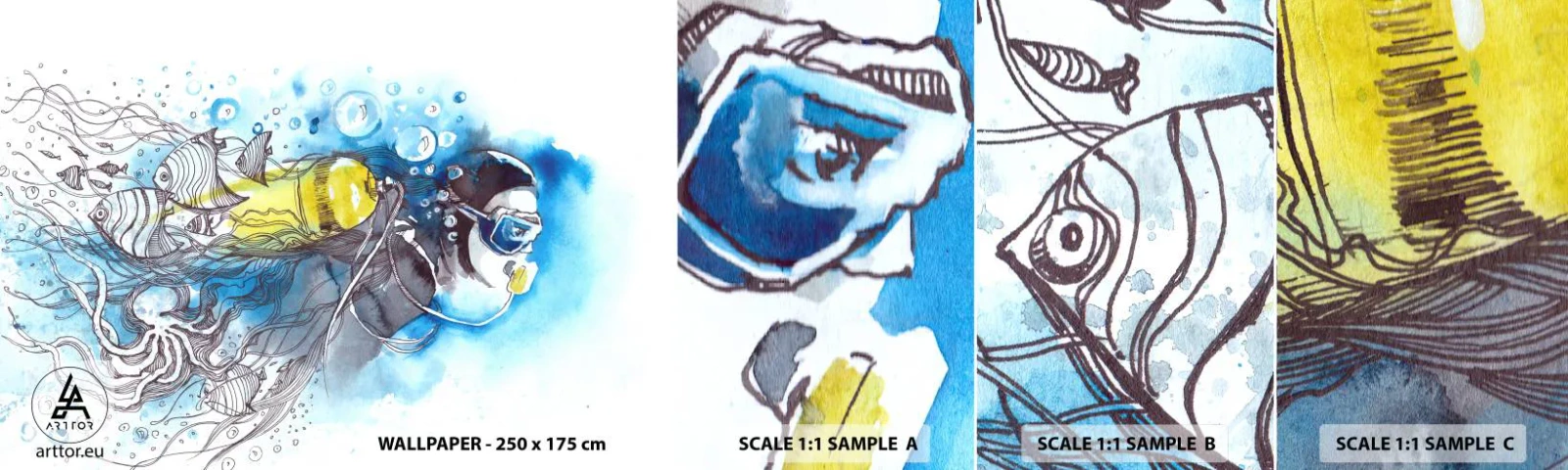 Mostră de Tapet Standard Eco - Marele albastru - Scufundări, Peşte, Sport - 100x30 cm