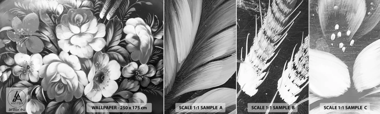 Mostră tapet autocolant Deluxe Sticker - Frumoase chiar și în gri - Abstracția, Flori, Bucată - 100x30 cm