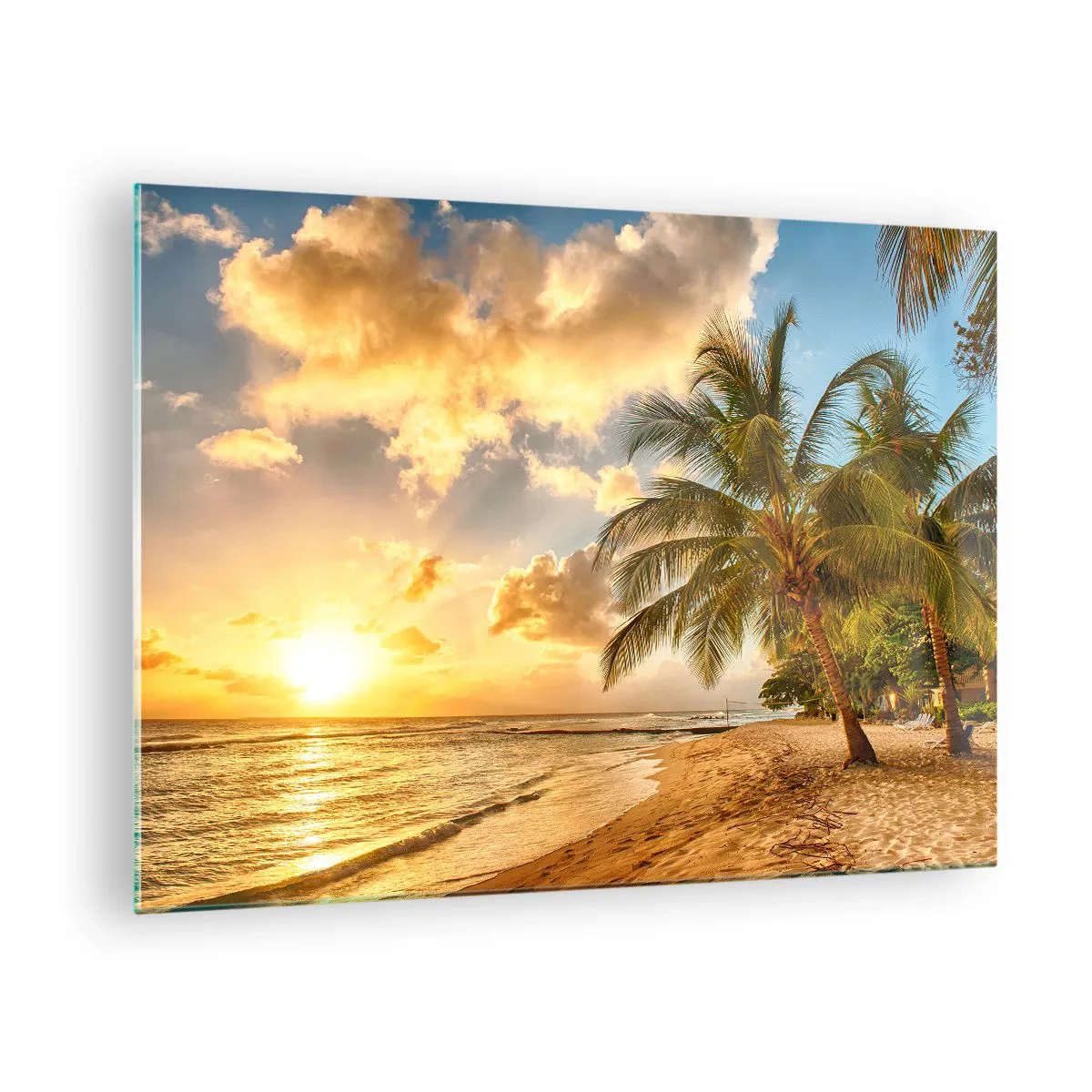 Tablou pe sticlă - Palm Beach la apus cu culori calde ale cerului - 70x50cm - Vară eternă, întotdeauna o vacanță - Decorațiune modernă pentru perete pentru living și dormitor ARTTOR