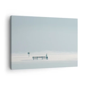Tablou pe pânză Canvas - O persoană așezată pe o bancă într-un peisaj minimalist - 70x50cm - Da, aștept. - Decorațiune modernă pentru perete pentru living și dormitor ARTTOR