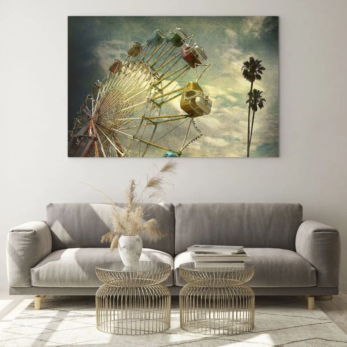 Tablou pe sticlă - O roată Ferris pe fundalul cerului și al palmierilor în stil retro - 70x50cm - Hai la distracție… - Decorațiune modernă pentru perete pentru living și dormitor ARTTOR