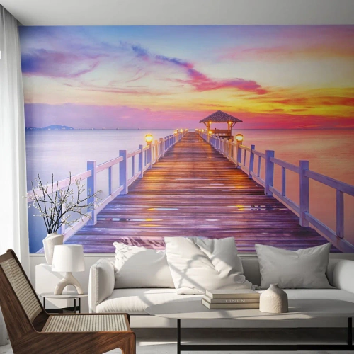 Tapet Premium Sand - Tăcerea serii în liliac-auriu - Peisaj, Mare, Dafin - 100x70 cm