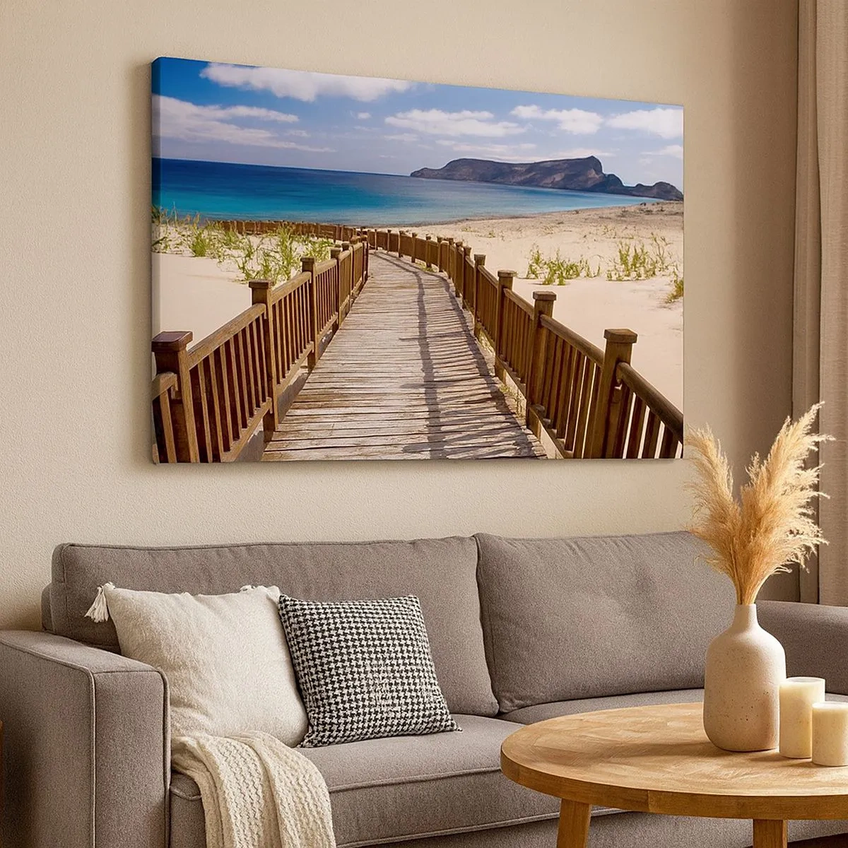 Tablou pe pânză Canvas - Cale de lemn care duce la plajă cu vedere la ocean - 70x50cm - Du-mă în insulele fericite - Decorațiune modernă pentru perete pentru living și dormitor ARTTOR