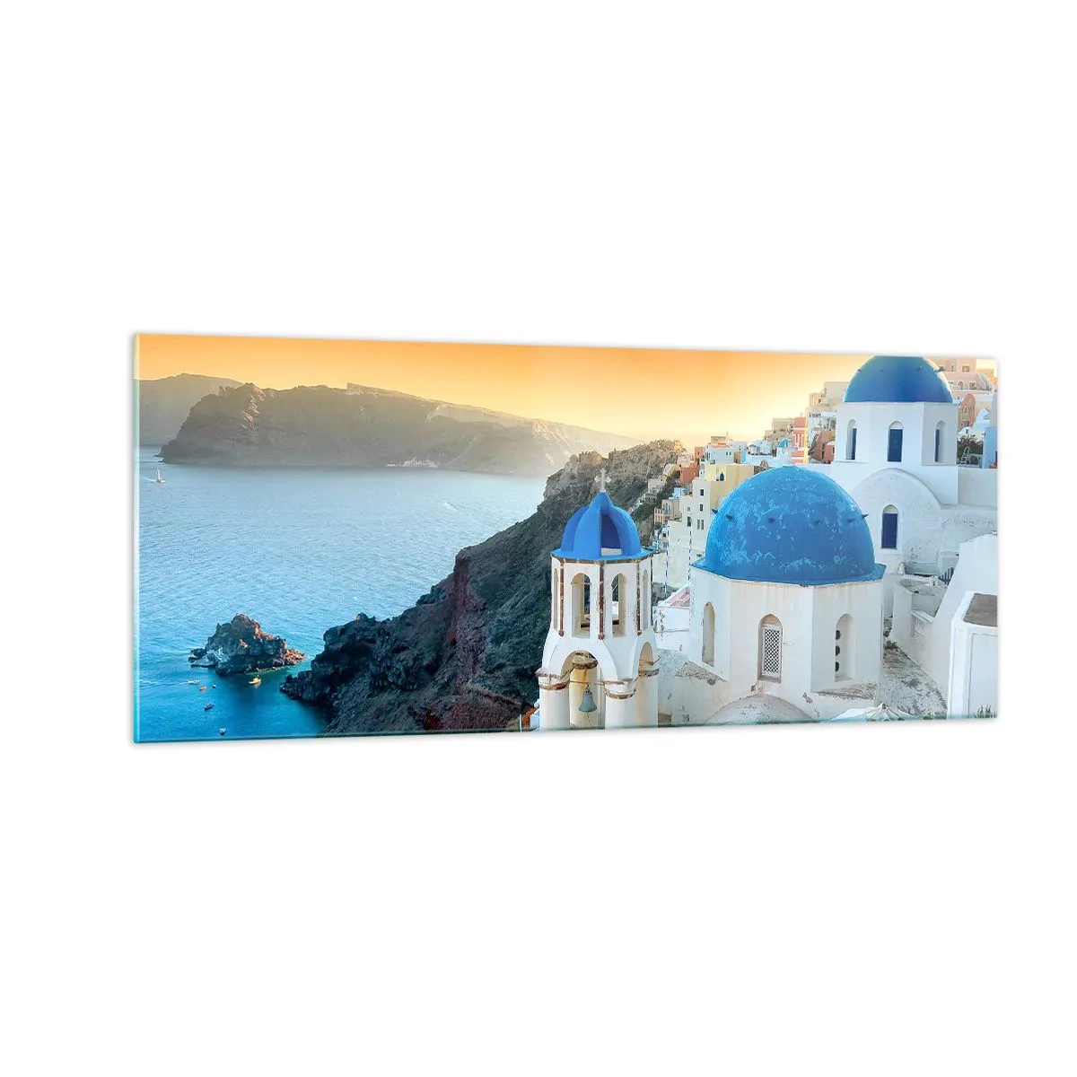 Tablou pe sticlă - Santorini - îmbrățișat de stânci - 100x40 cm
