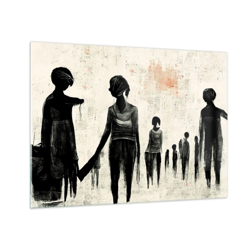 Tablou pe sticlă - Figuri negre în mișcare pe un fundal deschis cu o textură roșie - 70x50cm - Împotriva singurătății - Decorațiune modernă pentru perete pentru living și dormitor ARTTOR