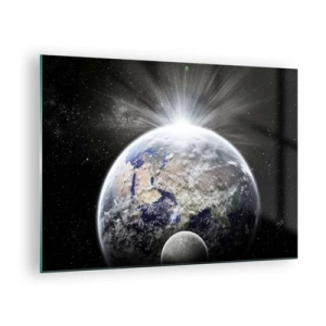 Tablou pe sticlă - Pământul și luna într-un peisaj spațial - 70x50cm - În plină strălucire - Decorațiune modernă pentru perete pentru living și dormitor ARTTOR