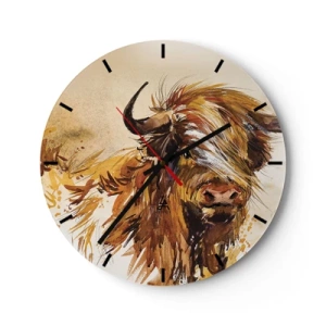 Ceas de perete - Ceas pe sticlă - O ilustrație pictată a unui taur scoțian cu blană care curge - 30x30cm - Mândria vânătorului - Decorațiune modernă pentru perete pentru living, bucătărie și dormitor ARTTOR