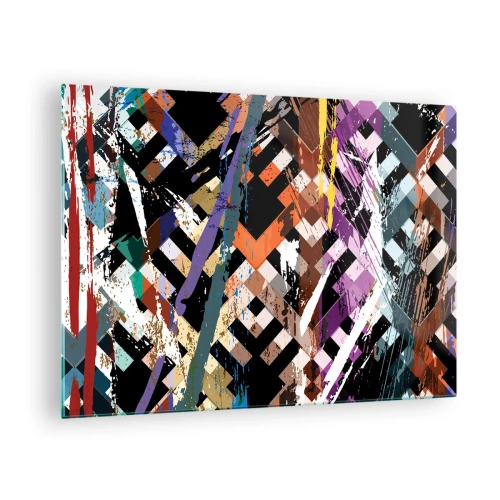 Tablou pe sticlă - O compoziție abstractă cu modele geometrice și culori intense. - 70x50cm - La pătrat - Decorațiune modernă pentru perete pentru living și dormitor ARTTOR
