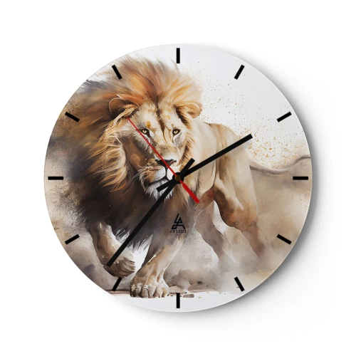 Ceas de perete - Ceas pe sticlă - Fotografie dinamică a unui leu în mișcare pe un fundal alb cu efect de praf. - 30x30cm - Regele se mișcă - Decorațiune modernă pentru perete pentru living, bucătărie și dormitor ARTTOR