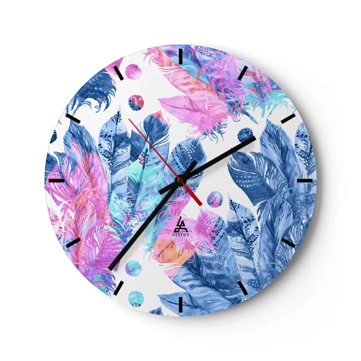 Ceas de perete - Ceas pe sticlă - Pene colorate în stil acuarelă - 30x30cm - Pene în alb și albastru - Decorațiune modernă pentru perete pentru living, bucătărie și dormitor ARTTOR